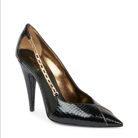 YSL Saint Laurent Gold Chain Snakeskin Embossed Black Leather Pumps LIKE NEW! - Picture 1 of 9